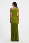 Deme By Gabriella_Green Lycra, Net One Shoulder Tiffany Pleated Gown _Online_at_Aza_Fashions