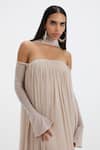 Buy_Deme By Gabriella_Off White Lycra, Net Bandeau Neck, Off-shoulder Becki Tube Gown With Scarf _Online_at_Aza_Fashions
