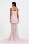Deme By Gabriella_Pink Lycra, Net V-neck Nola Ruched V Gown _Online_at_Aza_Fashions