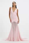 Buy_Deme By Gabriella_Pink Lycra, Net V-neck Nola Ruched V Gown _at_Aza_Fashions
