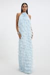Buy_Deme By Gabriella_Sky Blue Chiffon Ruffles, Fabric Flowers Halter Neck Maisey A-line Maxi Dress _at_Aza_Fashions
