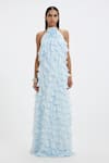 Shop_Deme By Gabriella_Sky Blue Chiffon Ruffles, Fabric Flowers Halter Neck Maisey A-line Maxi Dress _Online_at_Aza_Fashions