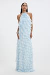 Buy_Deme By Gabriella_Sky Blue Chiffon Ruffles, Fabric Flowers Halter Neck Maisey A-line Maxi Dress 