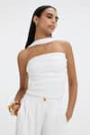 Deme By Gabriella_White Asymmetric, Bandeau Neck Quinn Pleated Side Slit Top _Online_at_Aza_Fashions