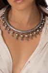 Shop_Joules By Radhika_Silver Plated Textured Dome Drop Necklace _at_Aza_Fashions
