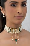 Shop_Joules By Radhika_White Pearls, Beads, Stones Teardrop Green Necklace Set _at_Aza_Fashions