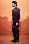 Millionaire_Wine Velvet Stones, Embroidery Handcrafted Work Sherwani Set _Online_at_Aza_Fashions