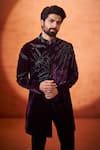 Buy_Millionaire_Wine Velvet Stones, Embroidery Handcrafted Work Sherwani Set _at_Aza_Fashions