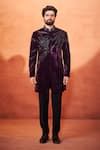 Shop_Millionaire_Wine Velvet Stones, Embroidery Handcrafted Work Sherwani Set _Online_at_Aza_Fashions