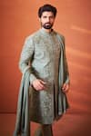 Shop Millionaire Green Silk Pearls, Embroidery Resham And Work Sherwani Set Online at Aza Fashions Shop_Millionaire_Green Silk Pearls, Embroidery Resham And Work Sherwani Set _Online_at_Aza_Fashions