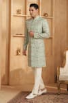 Millionaire_Blue Silk, Modal, Satin Embroidery Thread Work Sherwani Set _Online_at_Aza_Fashions