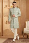 Shop_Millionaire_Blue Silk, Modal, Satin Embroidery Thread Work Sherwani Set _at_Aza_Fashions