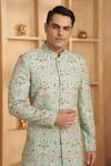 Shop_Millionaire_Blue Silk, Modal, Satin Embroidery Thread Work Sherwani Set _Online_at_Aza_Fashions