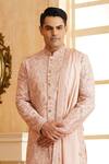 Millionaire_Pink Silk, Modal, Satin Embroidery, Studs Thread Work Sherwani Set _Online_at_Aza_Fashions