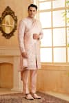 Shop_Millionaire_Pink Silk, Modal, Satin Embroidery, Studs Thread Work Sherwani Set _Online_at_Aza_Fashions