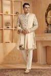 Buy_Millionaire_Cream Silk, Modal, Satin Embroidery, Zari Zardozi Work Sherwani Set _at_Aza_Fashions