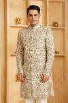 Buy_Millionaire_Cream Silk, Modal, Satin Embroidery, Zari Zardozi Work Sherwani Set _Online_at_Aza_Fashions