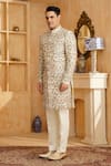 Millionaire_Cream Silk, Modal, Satin Embroidery, Zari Zardozi Work Sherwani Set _at_Aza_Fashions