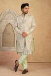 Buy_Millionaire_Green Silk Embroidery, Metallic Thread Work Sherwani Set _at_Aza_Fashions