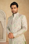 Millionaire_Green Silk Embroidery, Metallic Thread Work Sherwani Set _Online_at_Aza_Fashions