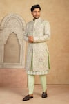 Shop_Millionaire_Green Silk Embroidery, Metallic Thread Work Sherwani Set _Online_at_Aza_Fashions