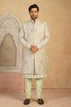 Millionaire_Green Silk Embroidery, Metallic Thread Work Sherwani Set _at_Aza_Fashions