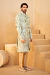 Millionaire_Green Dupion, Silk Embroidery Thread Work Sherwani Set _at_Aza_Fashions