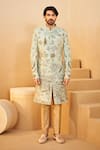 Buy_Millionaire_Green Dupion, Silk Embroidery Thread Work Sherwani Set _at_Aza_Fashions