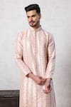 Millionaire_Peach Dupion Embroidery Thread Work Kurta Set _Online_at_Aza_Fashions