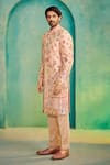 Millionaire_Peach Silk Embroidery Floral Sherwani Set _Online_at_Aza_Fashions
