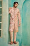 Shop_Millionaire_Peach Silk Embroidery Floral Sherwani Set _Online_at_Aza_Fashions