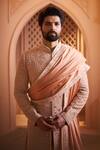 Millionaire_Peach Silk Pearls, Embroidery Floral Sherwani Set _Online_at_Aza_Fashions