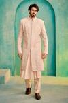 Buy_Millionaire_Peach Organza, Silk, Modal, Satin Embroidery Floral Sherwani Set _at_Aza_Fashions