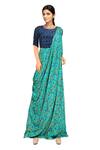Buy_Soup By Sougat Paul_Blue Crepe Floral Print Band Collar Saree Gown _at_Aza_Fashions