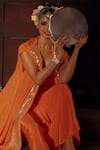 Prahnaaya_Orange Vegan Silk, Crepe Applique, Pearls Mangala Embroidered Cape Skirt Set _Online_at_Aza_Fashions