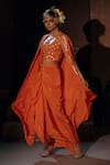 Shop_Prahnaaya_Orange Vegan Silk, Crepe Applique, Pearls Mangala Embroidered Cape Skirt Set _Online_at_Aza_Fashions