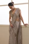 Chaashni By Maansi And Ketan_Gold Net Sequins, Pearls, Crystals, Pre-draped Saree With Embellished Blouse _Online_at_Aza_Fashions