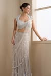 Chaashni By Maansi And Ketan_Beige Net Sequins, Pearls, Embellished Pre-draped Lehenga Saree With Blouse _Online_at_Aza_Fashions
