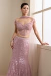 Buy_Chaashni By Maansi And Ketan_Pink Net Sequins, Beads, Pearls, Crystals, Stones Embellished Lehenga Set _Online_at_Aza_Fashions