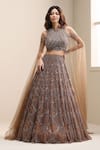 Buy_Chaashni By Maansi And Ketan_Brown Net Sequins, Beads, Crystals, Zirconia Embellished Lehenga And Blouse Set _at_Aza_Fashions