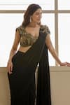 Chaashni By Maansi And Ketan_Black Net, Lycra Beads, Sequins Pre-draped Saree With Embellished Blouse _at_Aza_Fashions