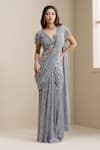 Buy_Chaashni By Maansi And Ketan_Grey Net Sequins, Pearls, Crystals, Pre-draped Saree With Embellished Blouse _at_Aza_Fashions