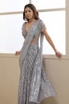 Buy_Chaashni By Maansi And Ketan_Grey Net Sequins, Pearls, Crystals, Pre-draped Saree With Embellished Blouse _Online_at_Aza_Fashions