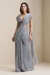 Shop_Chaashni By Maansi And Ketan_Grey Net Sequins, Pearls, Crystals, Pre-draped Saree With Embellished Blouse _Online_at_Aza_Fashions