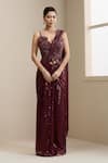 Chaashni By Maansi And Ketan_Maroon Net Sequins, Beads, Pearls, Pre-draped Saree With Embellished Corset _Online_at_Aza_Fashions