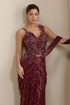 Shop_Chaashni By Maansi And Ketan_Maroon Net Sequins, Beads, Pearls, Pre-draped Saree With Embellished Corset _Online_at_Aza_Fashions