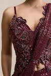 Chaashni By Maansi And Ketan_Maroon Net Sequins, Beads, Pearls, Pre-draped Saree With Embellished Corset _at_Aza_Fashions