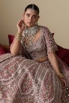 Shop_Chaashni By Maansi And Ketan_Purple Tissue, Organza, Net Embroidery, Pearls, Mirrors, Work Bridal Lehenga Set _Online_at_Aza_Fashions