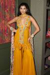 Shop_Rishi and Vibhuti_Yellow Organza Embroidery, Sequins, Patchwork, Peplum Jacket Palazzo Set _Online_at_Aza_Fashions