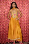 Rishi and Vibhuti_Yellow Crepe Embroidery, Foil Printing Square Neck Floral Yoke Anarkali Set _Online_at_Aza_Fashions